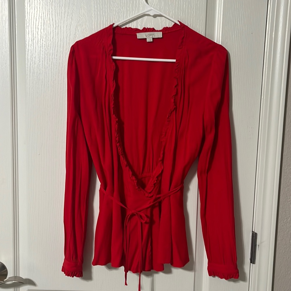 Loft. Size Small. Red. Wrap-Around Long Sleeve Blouse.